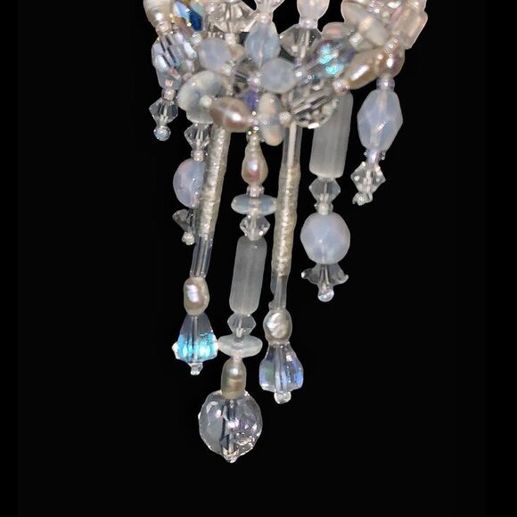 Vintage hand beaded mother of pearl crystal pearl chandelier bridal sash pin - Picture 3 of 17